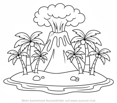 Vulkaninsel Ausmalbild mit Palmen und aktivem Vulkan