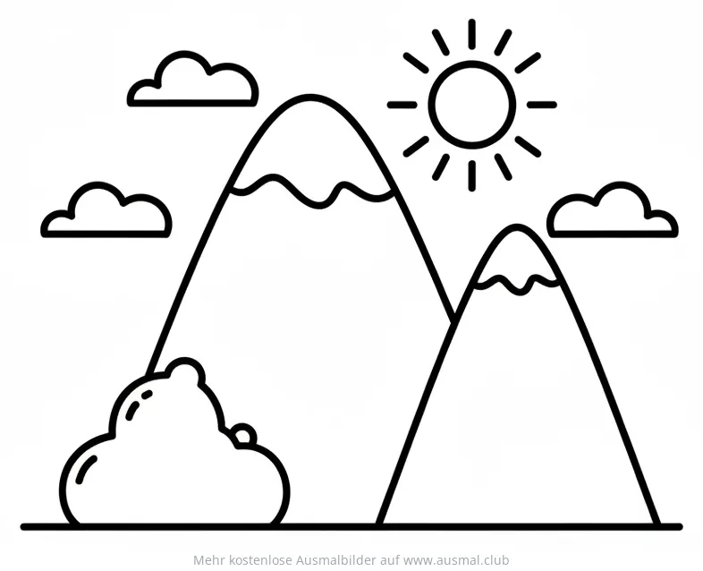 Bergfamilie Ausmalbild mit Sonne und Wolken