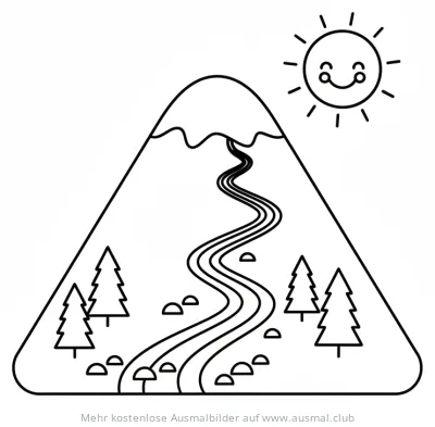 Berg mit Wanderweg, Bäumen und Sonne Ausmalbild