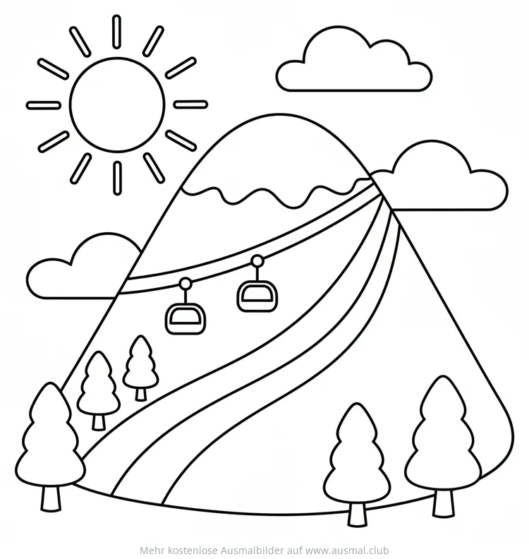 Berglandschaft mit Skipiste, Seilbahn und Tannenbäumen Ausmalbild