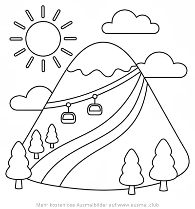 Berglandschaft mit Skipiste, Seilbahn und Tannenbäumen Ausmalbild