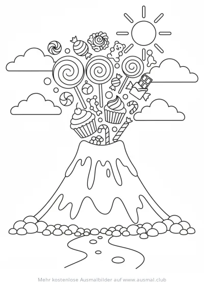 Süßigkeiten Vulkan Ausmalbild mit Cupcakes und Lollis