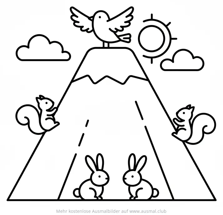 Tierberg Ausmalbild mit Vogel, Eichhörnchen und Hasen
