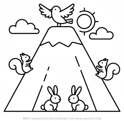 Tierberg Ausmalbild mit Vogel, Eichhörnchen und Hasen