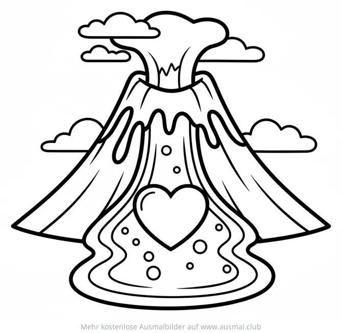 Herz Vulkan Ausmalbild mit Wolken