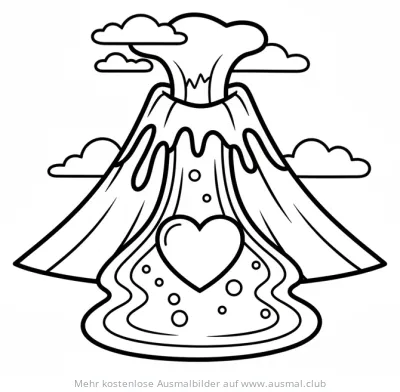 Herz Vulkan Ausmalbild mit Wolken