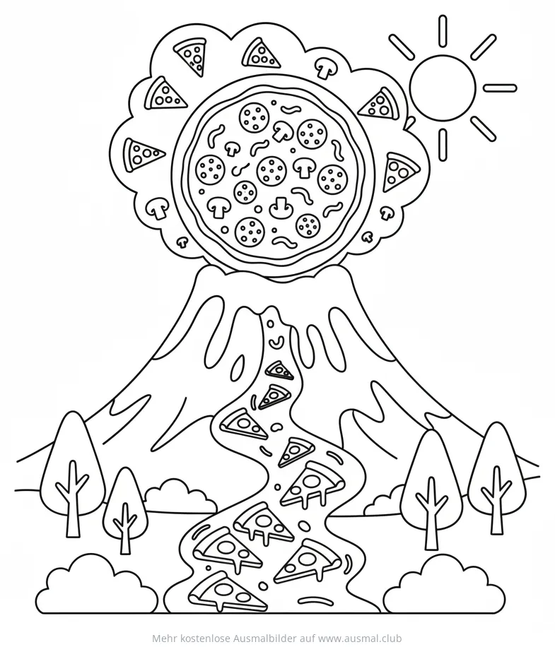 Pizza Vulkan Ausmalbild mit Pizzastücken und Sonne