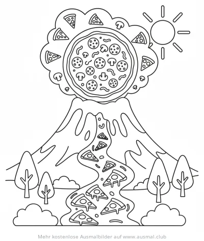 Pizza Vulkan Ausmalbild mit Pizzastücken und Sonne