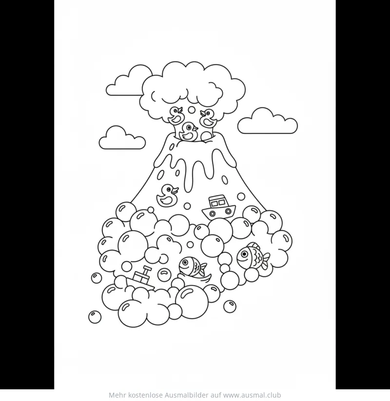 Lustiges Bade Vulkan Ausmalbild mit Enten, Schiffen und Fischen