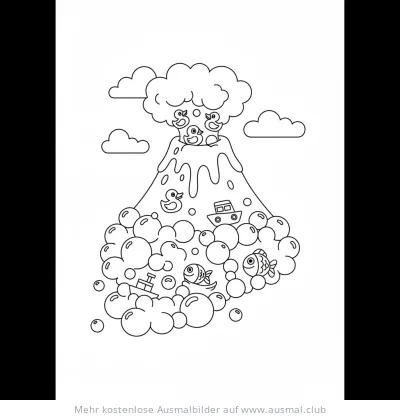 Lustiges Bade Vulkan Ausmalbild mit Enten, Schiffen und Fischen