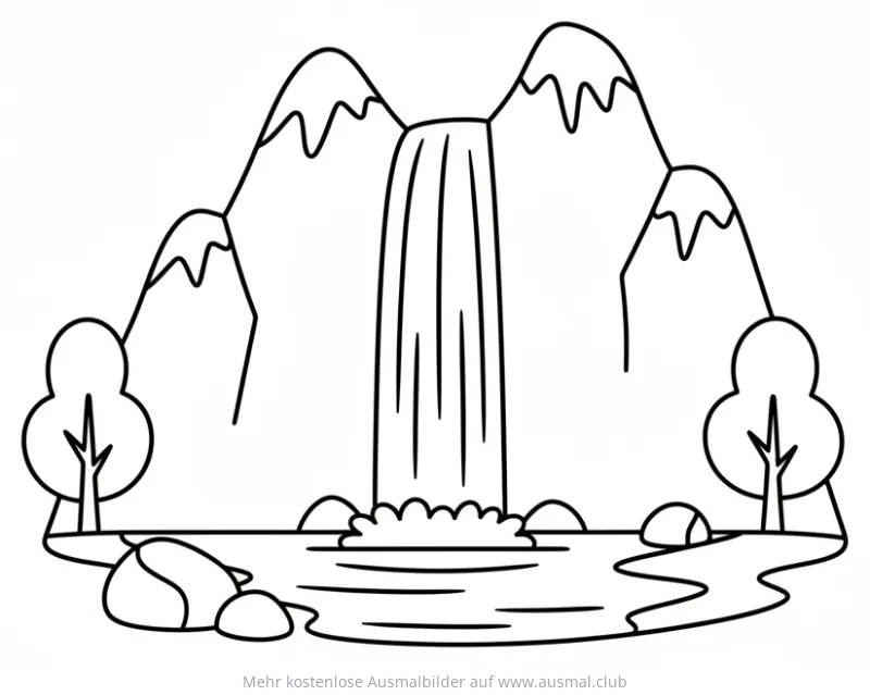 Wasserfall vor Bergen Ausmalbild mit Bäumen und Steinen