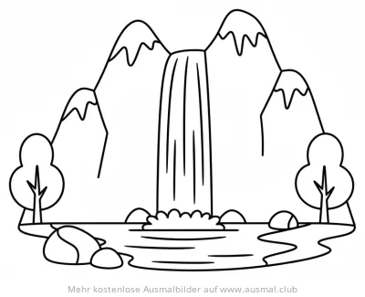 Wasserfall vor Bergen Ausmalbild mit Bäumen und Steinen
