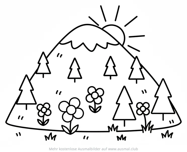 Blumenberg Ausmalbild mit Sonne, Tannen und Blumen