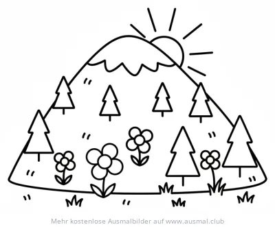 Blumenberg Ausmalbild mit Sonne, Tannen und Blumen