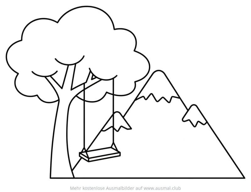 Schaukelberg Ausmalbild mit Baum und Bergen