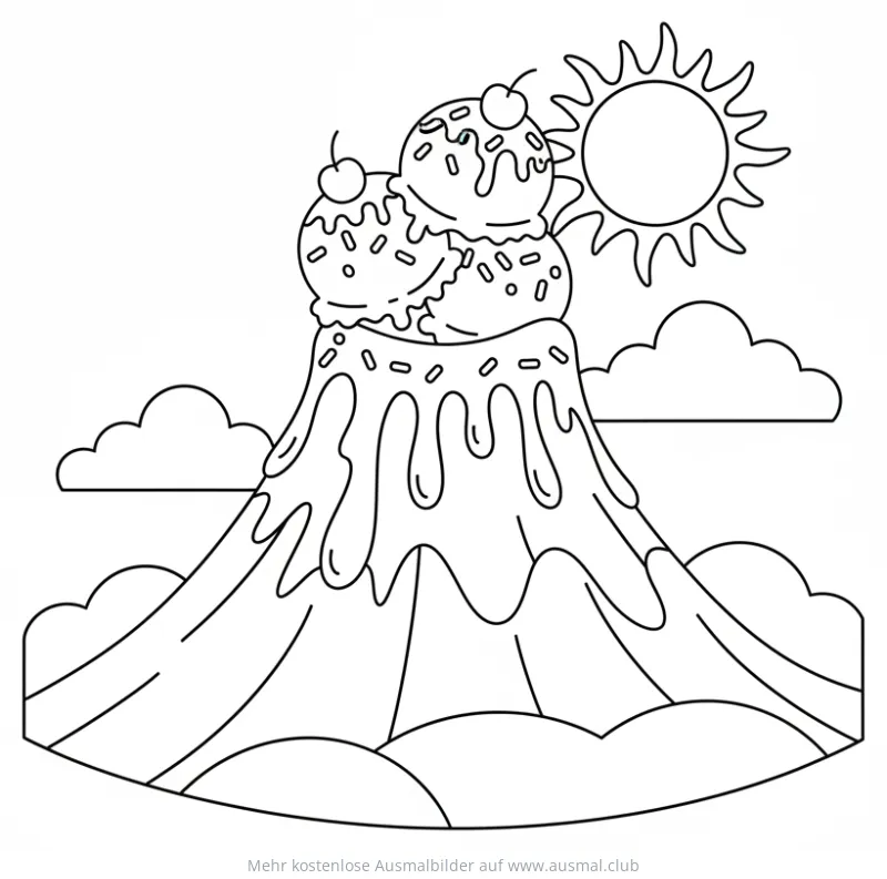 Eis Vulkan Ausmalbild mit Eiskugeln, Streuseln und Kirschen
