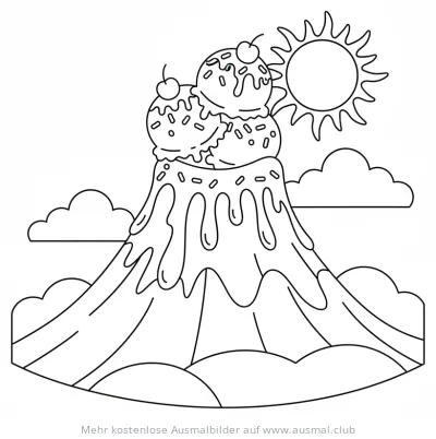 Eis Vulkan Ausmalbild mit Eiskugeln, Streuseln und Kirschen