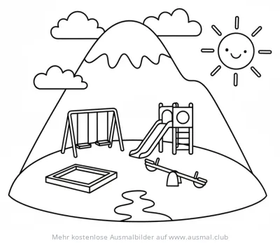 Spielplatzberg Ausmalbild mit Schaukel, Rutsche, Sandkasten und Wippe