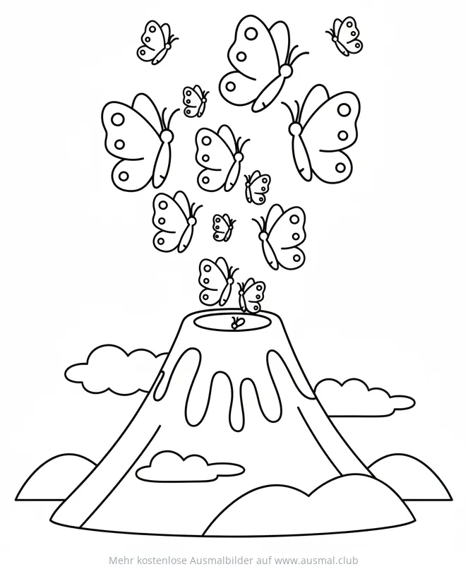 Vulkan Ausmalbild mit aufsteigenden Schmetterlingen