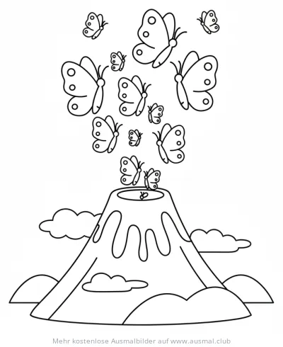 Vulkan Ausmalbild mit aufsteigenden Schmetterlingen