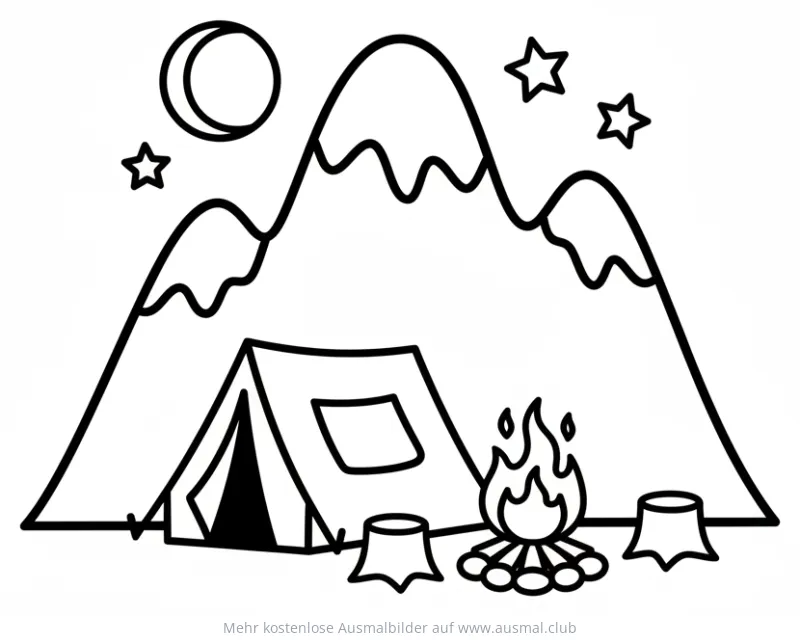 Camping Berg Ausmalbild mit Zelt, Lagerfeuer, Mond und Sternen