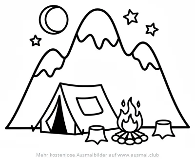 Camping Berg Ausmalbild mit Zelt, Lagerfeuer, Mond und Sternen