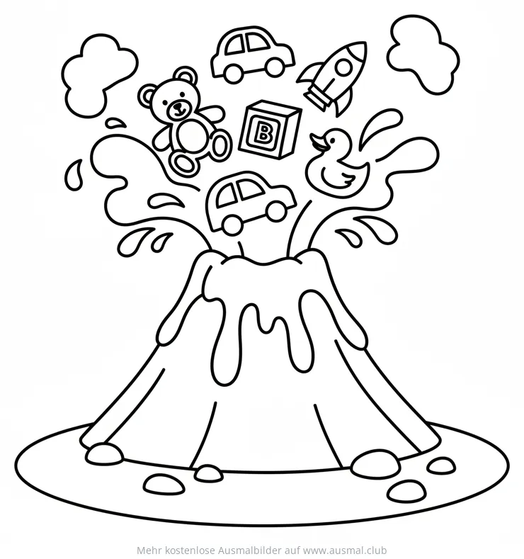 Spielzeug-Vulkan Ausmalbild mit Teddy, Auto, Rakete und Ente