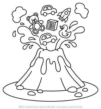 Spielzeug-Vulkan Ausmalbild mit Teddy, Auto, Rakete und Ente