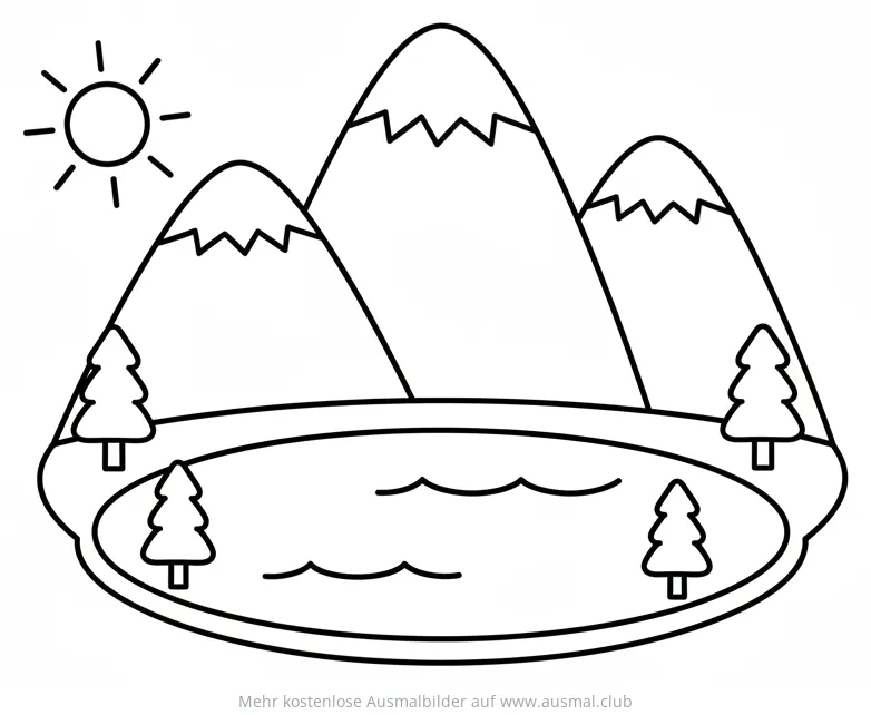 Bergsee Ausmalbild mit Bergen, See und Tannenbäumen