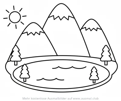Bergsee Ausmalbild mit Bergen, See und Tannenbäumen