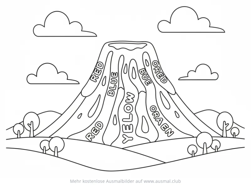 Vulkan Ausmalbild mit farbigen Lavaströmen und Farbnamen