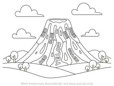 Vulkan Ausmalbild mit farbigen Lavaströmen und Farbnamen