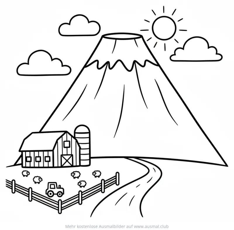 Bauernhof am Berg Ausmalbild mit Schafen, Traktor und Scheune