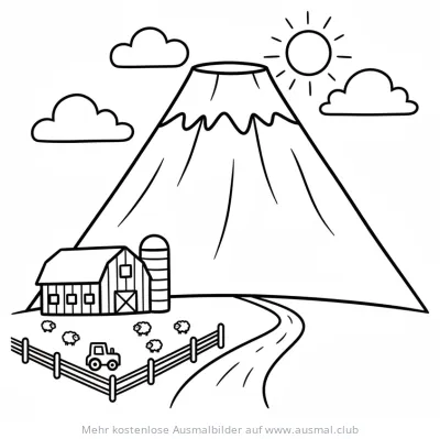 Bauernhof am Berg Ausmalbild mit Schafen, Traktor und Scheune