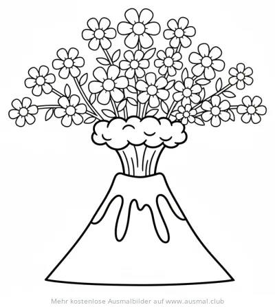Blumen-Vulkan Ausmalbild mit vielen Blumen
