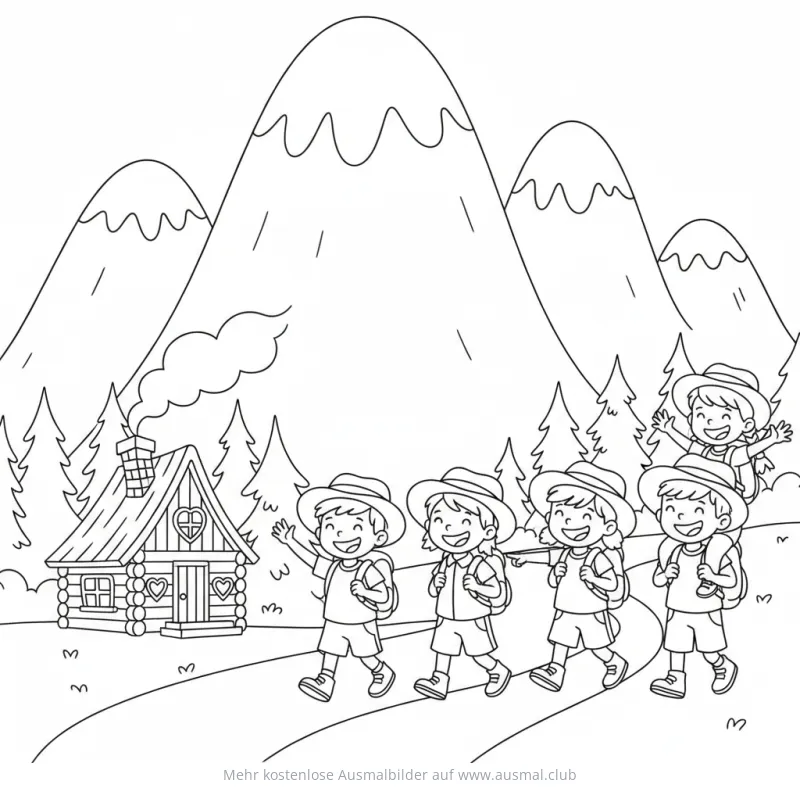 Wandernde Kinder vor Berglandschaft Ausmalbild