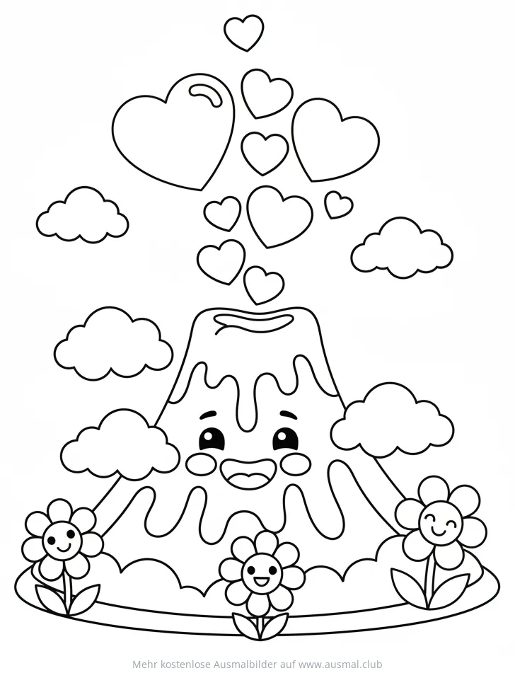 Freundlicher Vulkan mit Herzen und Blumen Ausmalbild