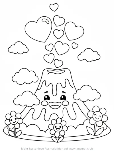 Freundlicher Vulkan mit Herzen und Blumen Ausmalbild
