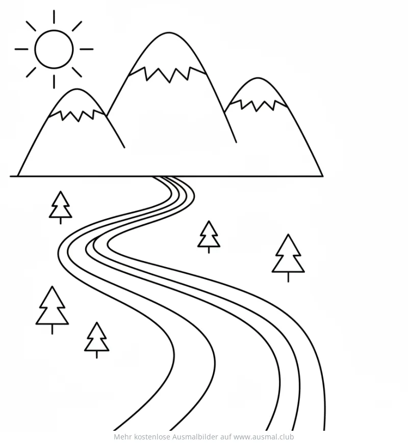 Berge mit Fluss und Tannen Ausmalbild