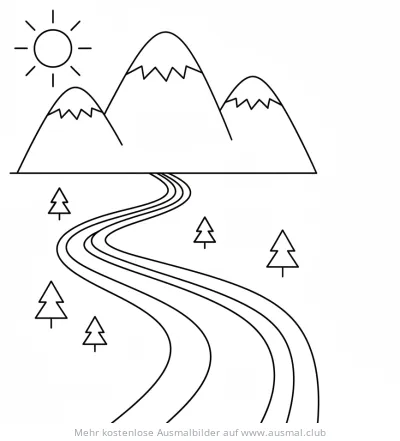 Berge mit Fluss und Tannen Ausmalbild