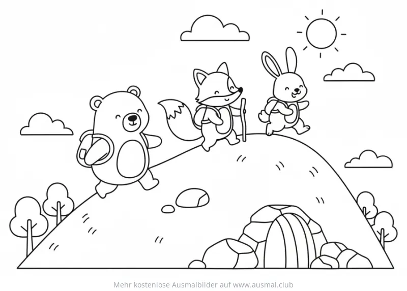 Bär, Fuchs und Hase auf Bergwanderung Ausmalbild
