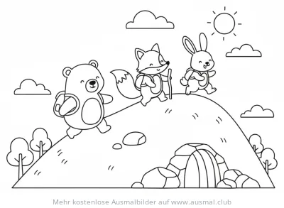 Bär, Fuchs und Hase auf Bergwanderung Ausmalbild