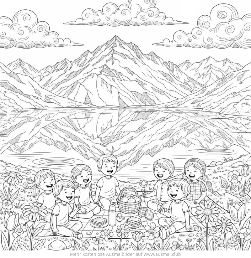 Gruppe Kinder beim Picknick vor Berglandschaft Ausmalbild