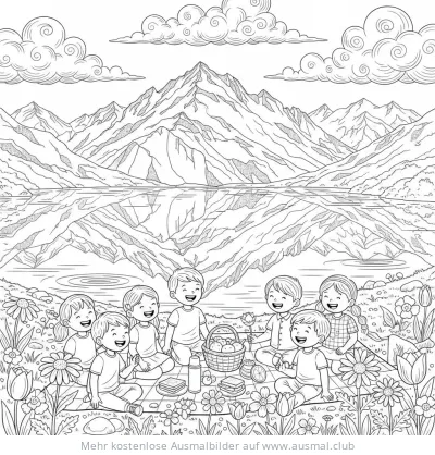 Gruppe Kinder beim Picknick vor Berglandschaft Ausmalbild