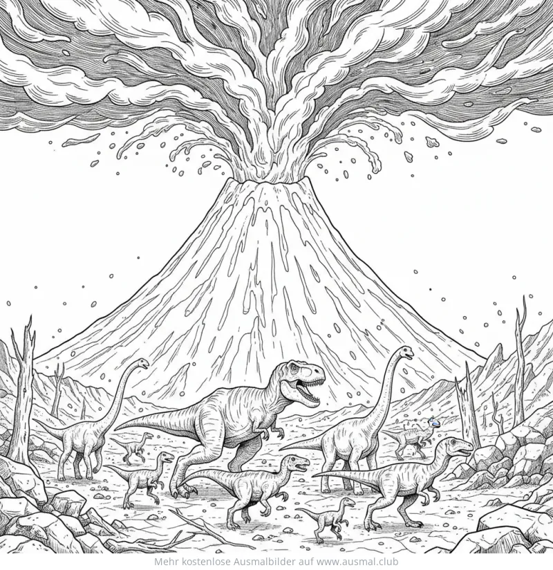 Vulkan Ausbruch mit Dinosaurier Herde Ausmalbild