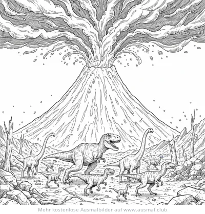 Vulkan Ausbruch mit Dinosaurier Herde Ausmalbild