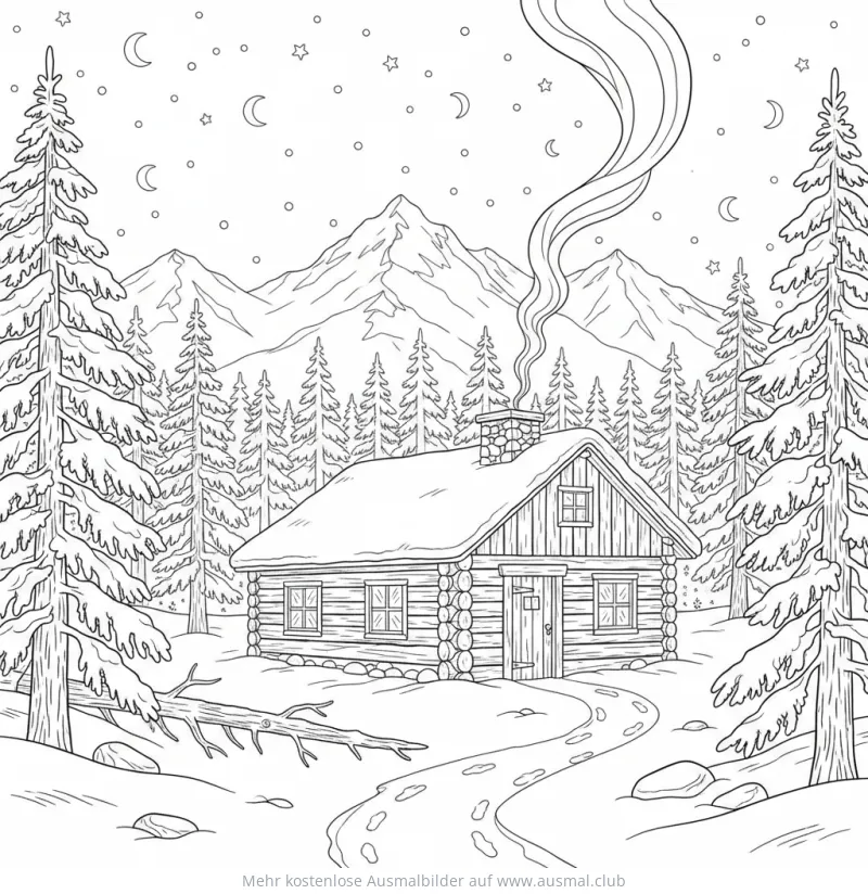 Berghütte im Winterlandschaft Ausmalbild