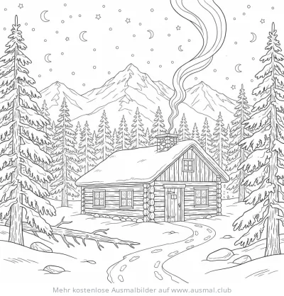 Berghütte im Winterlandschaft Ausmalbild