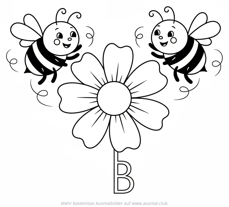 Zwei Bienen tanzen um Blume Ausmalbild