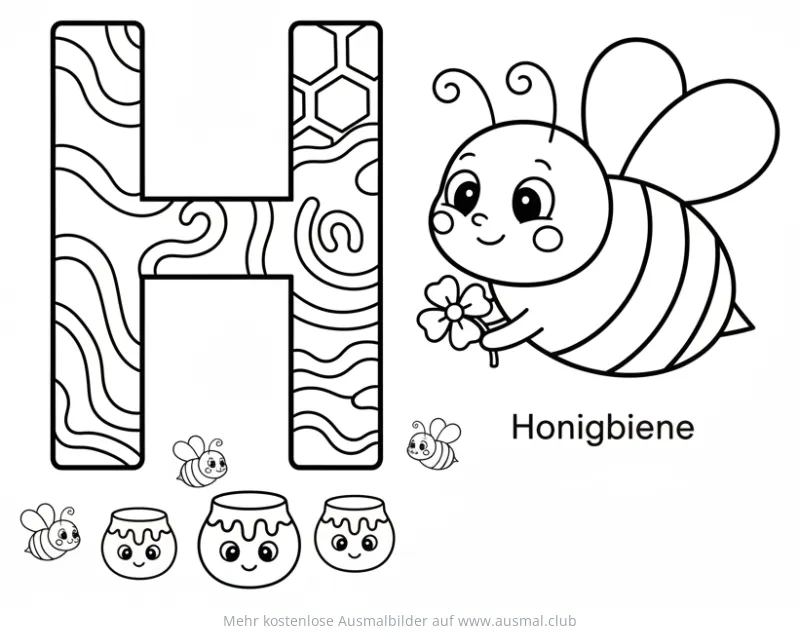 Buchstabe H mit Honigbiene Ausmalbild